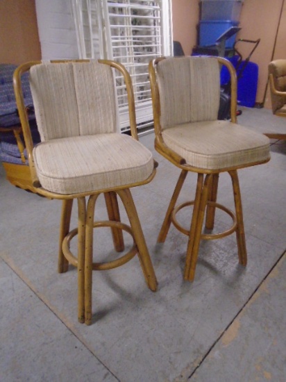 (2) Matching Bamboo Upholstered Swivel Bar Stools