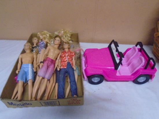 Large Group of Barbie & Ken Dolls w/ Jeep