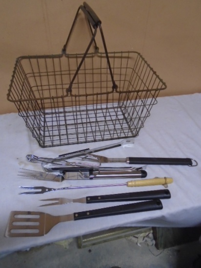 Large Group of Like New Grilling Tools & Wire Basket