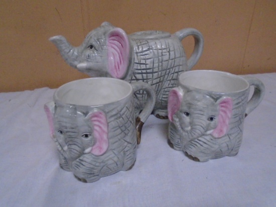 Elephant Tea Pot w/ 2 Matching Cups