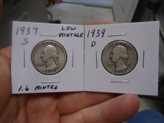 1937 S-Mint and 1939 D-Mint Silver Washington Quarters