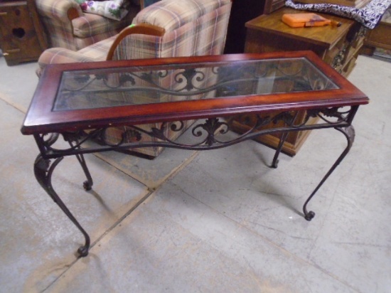 Beautiful Iron & Wood Sofa Table w/ Glass Insert Top