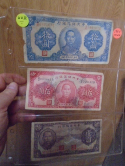 3 Pc. Group of 1940 WWII China Currency