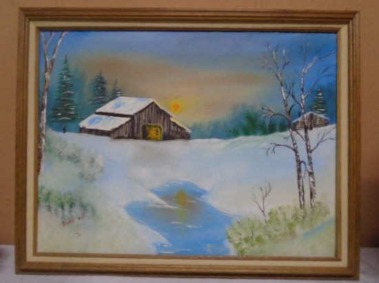 Signed Barn Oil Paining On Canvas