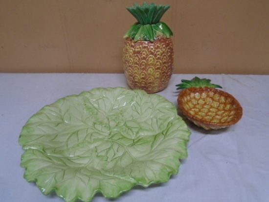 Fritz & Floyd Pineapple Cookie Jar & Bowl w/ Large Platter