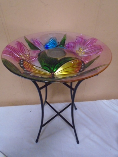 Hand Painted Solar Powered Lighted Glass Bird Bath On Metal Stand
