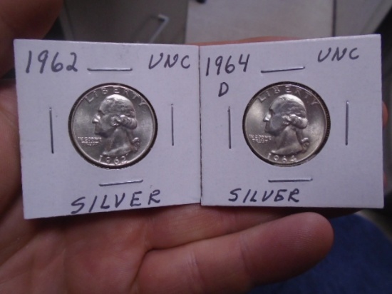1962 and 1964 D-Mint Silver Washington Quarters
