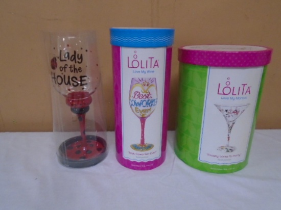 (2) Painted Wine Glasses and 1 Painted Martini Glass
