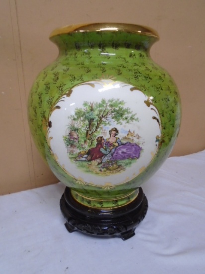 Beautiful Large Porcelain Victorian Style Vase on Wood Stand