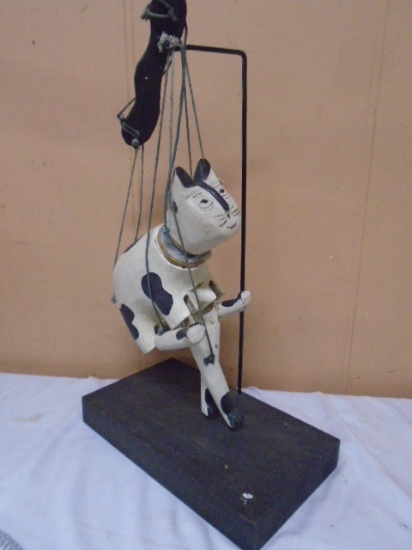 Wooden Cat Marionette On Stand