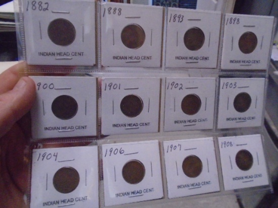 Group of (12) Assorted Date Indian Head Cents