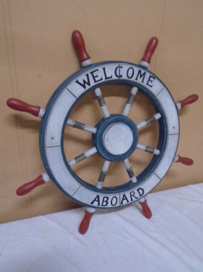 Wooden "Welcome Aboard" Ships Wheel Wall Decor Piece