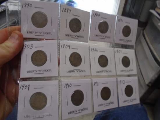 Group of 12 Assorted Liberty "V" Nickels