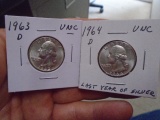 1963 D Mint & 1964 D Mint Silver Washington Quarters