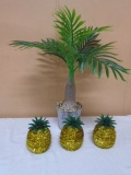 Artificial Palm Tree & 3 Gold Pineapples