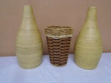2 Decorative Bamboo Vases & Decorative Wicker Basket