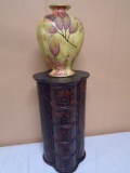 Wooden Pedistal & Art Pottery Vase