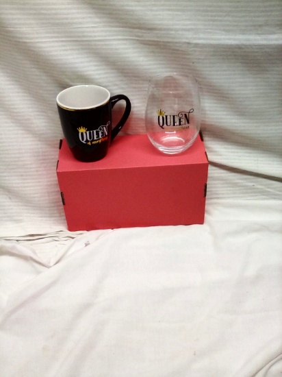 Set of 2, "Queen of Everything" Mug and Wine Glass