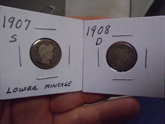 1907 S Mint & 1908 D Mint Barber Dimes