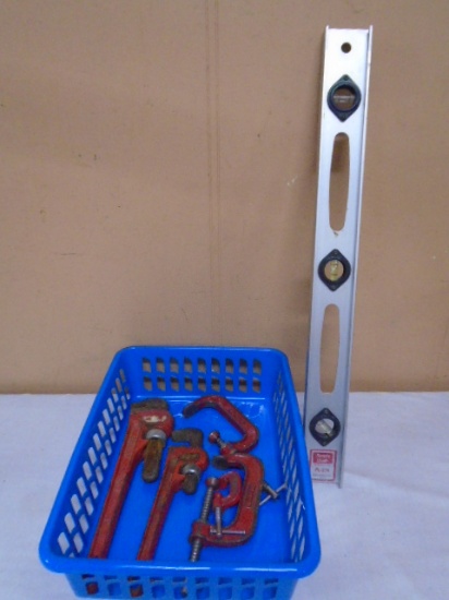 24" Aluminum 3 Way Level/ Pipe Wrenches/C-Clamps