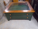 Solid Wood Square Glass Top Display 2 Drawer Cocktail Table
