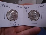 1960 & 1964 D Mint Silver Washington Quarters