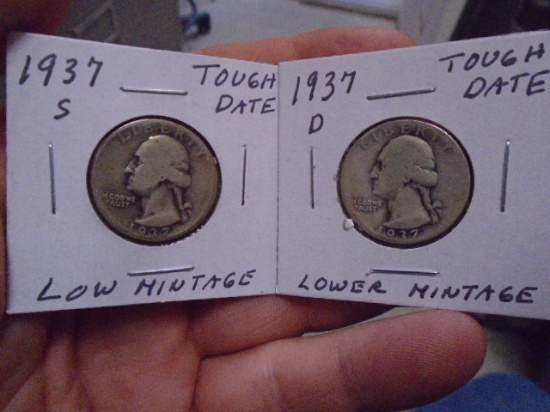 1937 S-Mint and 1937 D-Mint Silver Washington Quarters