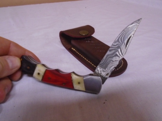Custom Handmade Damascus Blade Lockblade Knife w/ Leather Sheave
