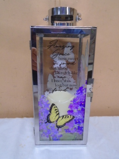 Amazing Grace Metal and Glass LED Candle Lantern w/Butterflies