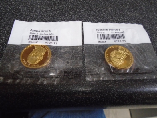 2009 S-Mint James Polk and 2010 S-Mint Franklin Pierce Proof 63 Dollars
