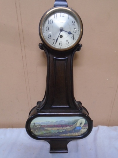 Antique Waltham 12 Day Wind-Up Banjo Clock w. Key
