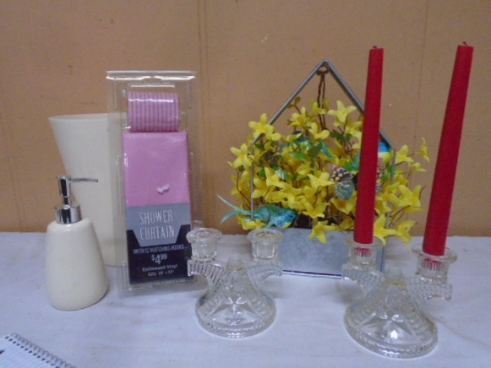 Galvinized Metal Flower Décor-Double Glass Candle Sticks-Bathroom Set