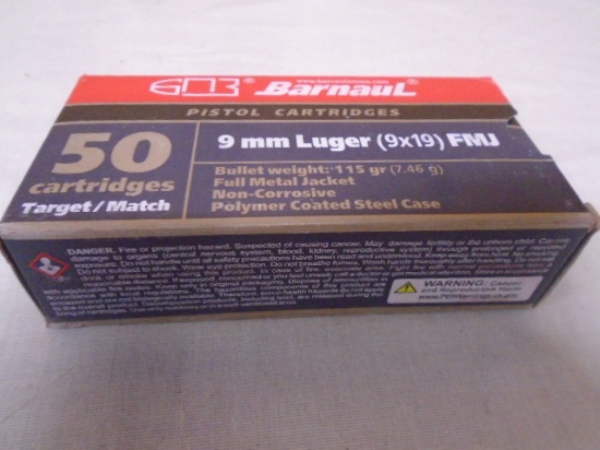 50 Round Box of Barnaul 9mm Luger Cartridges