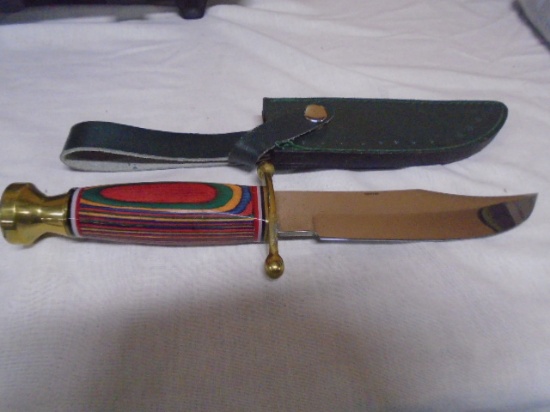 Bowie Knife w/Wood and Brass Handle and Leather Sheath