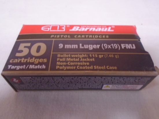 50 Round Box of Barnaul 9mm Pistol Cartridges