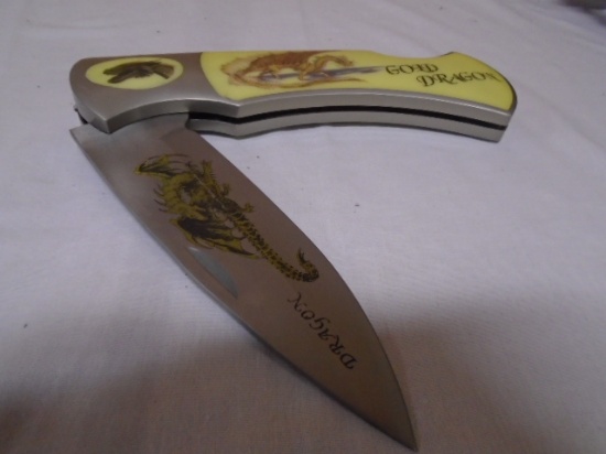 Large Gold Dragon Lock Blade Knife