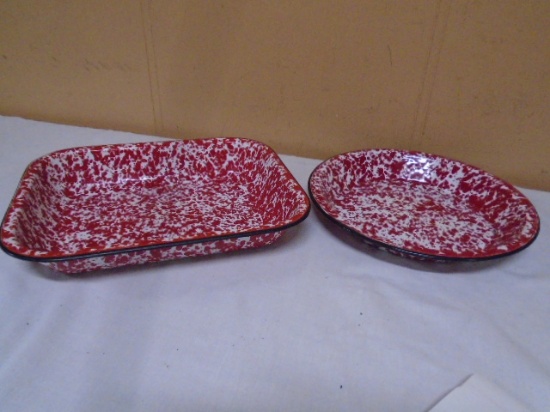 (2) Red Swirl Enamel Ware Pans