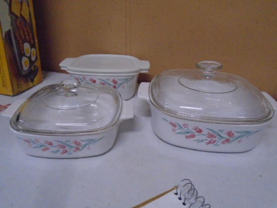 3pc Set of Corningware "Rosemary" Baking Dishes w/ Lids
