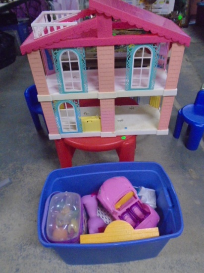 Large Plastic Play Doll House and Tote Full of Toys