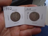 1902 and 1909 D-Mint Silver Barber Quarters
