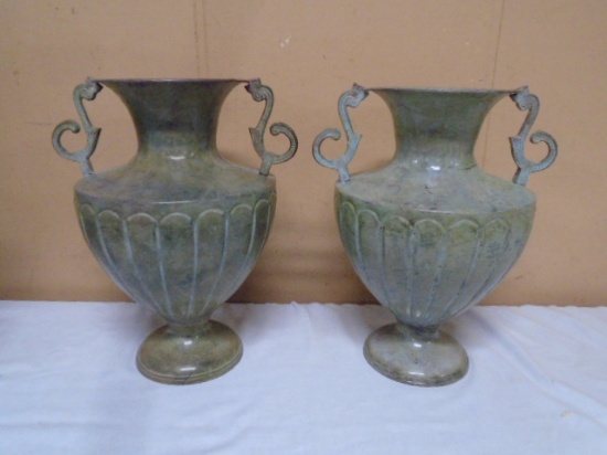 Beautiful Matching Pair of Metal Double Handle Vases
