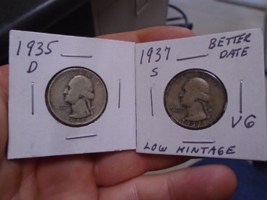 1935 D Mint & 1937 S Mint Silver Washington Quarters