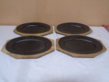 Set of 4 Cast Iron Steak Plates on Wooden Holders