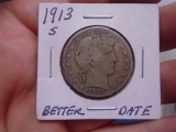 1913 S Mint Silver Barber Half Dollar