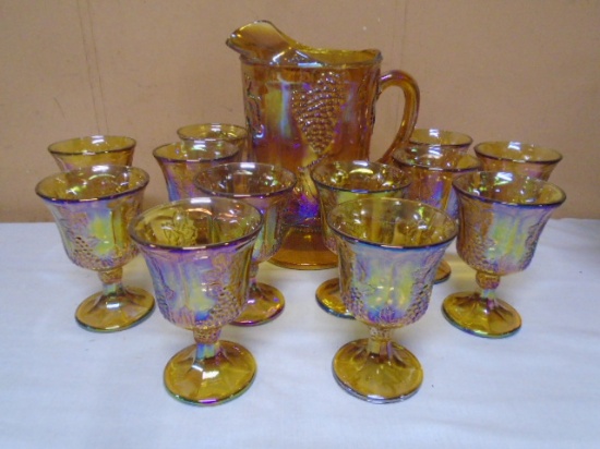 Vintage Indiana Glass Harvest Grape Marigold Carnival Pitcher & 12 Matching Goblets