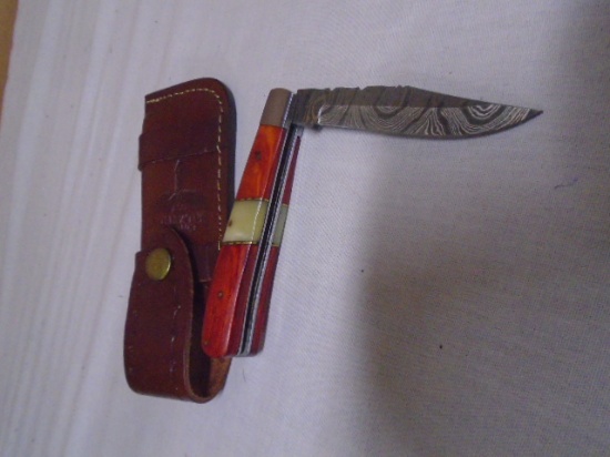 Damascus Blade Folding Pocket Knife w/ Leather Sheave