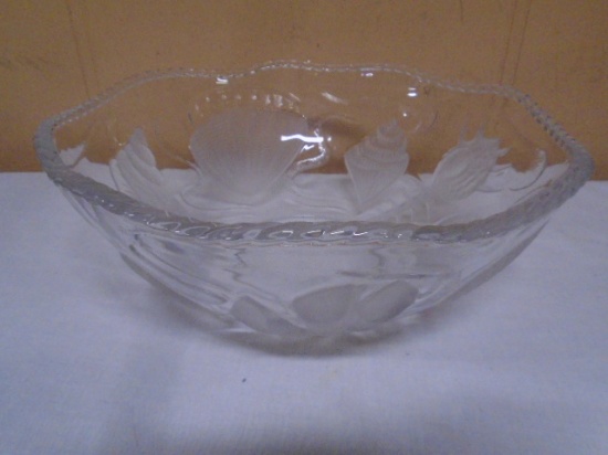 Large Embossed Frosted Glass Bowl w/ Sea Shells