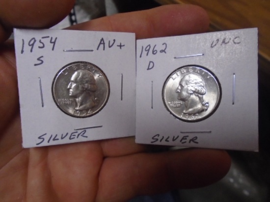 1954 S Mint & 1962 D Mint Silver Washington Quarters