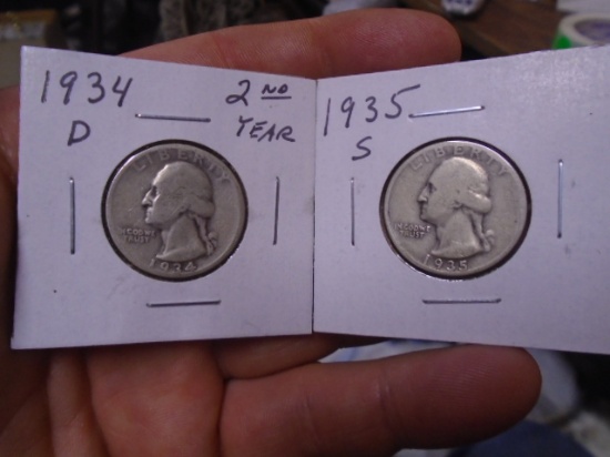 1934 D Mint & 1935 S Mint Silver Washington Quarters