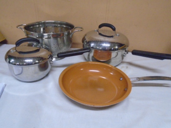 (2) Stainless Steel Cook's Essentials Sauce Pans and Collander w/Copper Skillet